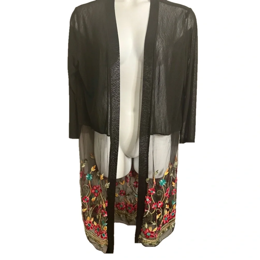 Black Sheer Kimono Duster Floral Embroidery - Picture 2 of 6